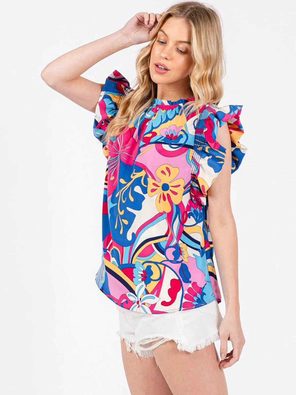 WOMEN'S SHORT RUFFLE SLEEVE FLORAL TUNIC BLOUSE TOP