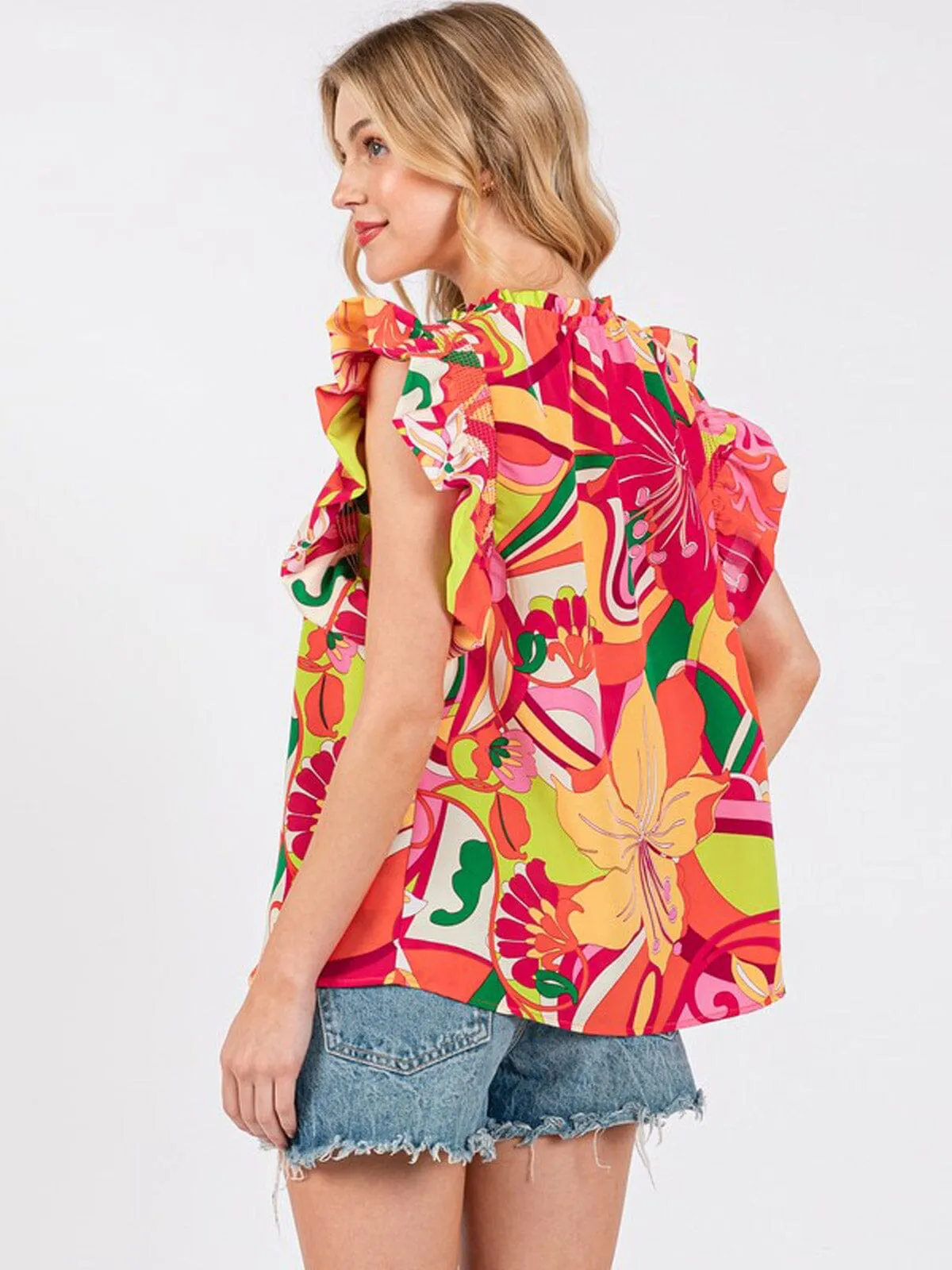 WOMEN'S SHORT RUFFLE SLEEVE FLORAL TUNIC BLOUSE TOP