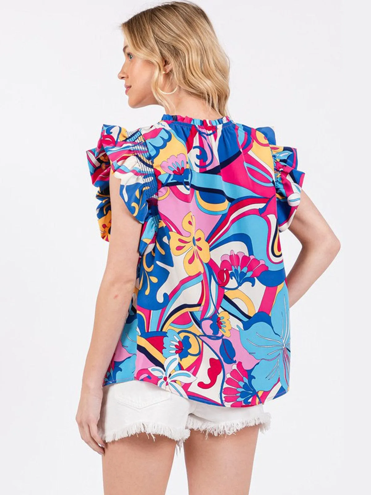 WOMEN'S SHORT RUFFLE SLEEVE FLORAL TUNIC BLOUSE TOP