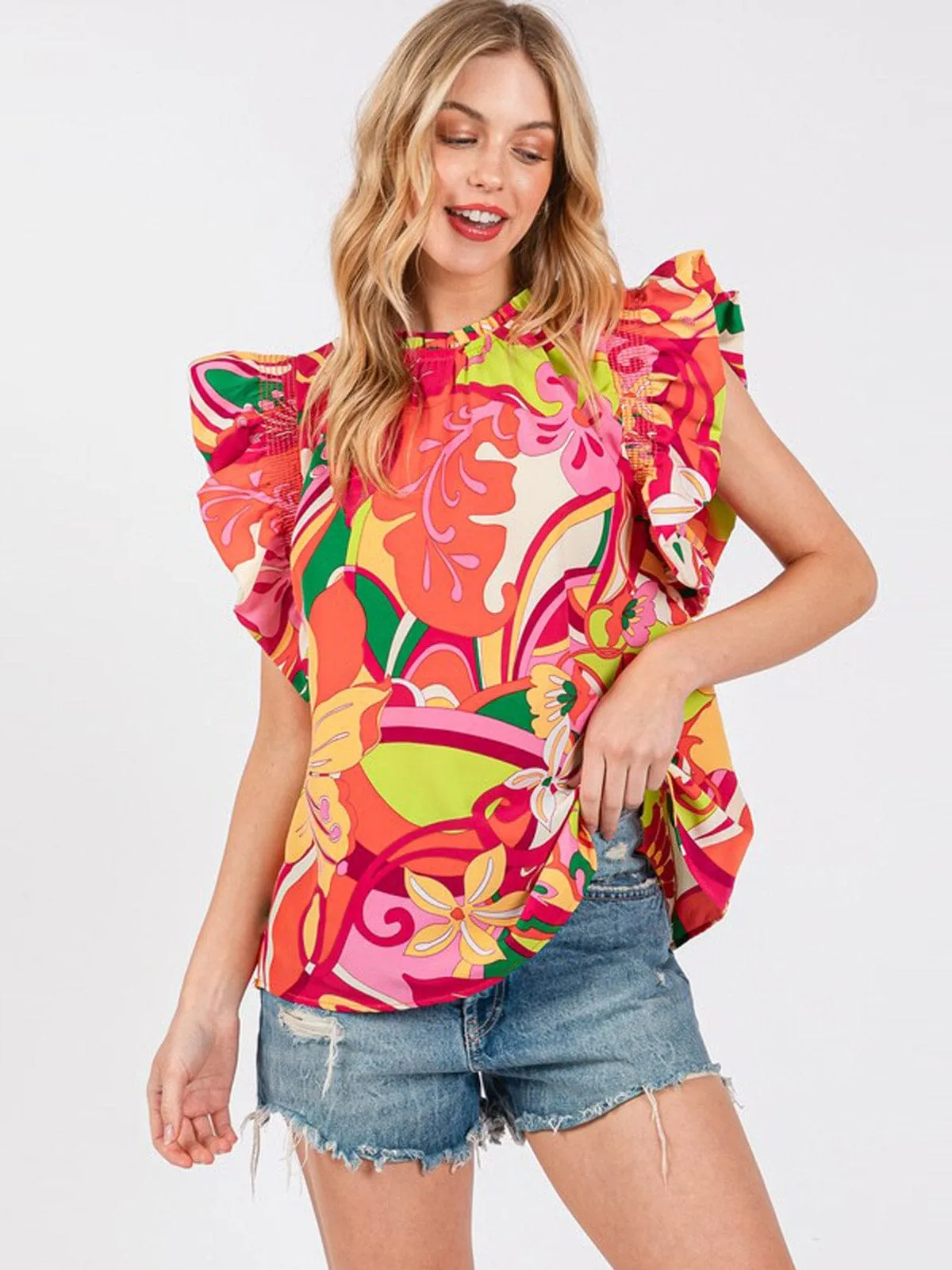 WOMEN'S SHORT RUFFLE SLEEVE FLORAL TUNIC BLOUSE TOP