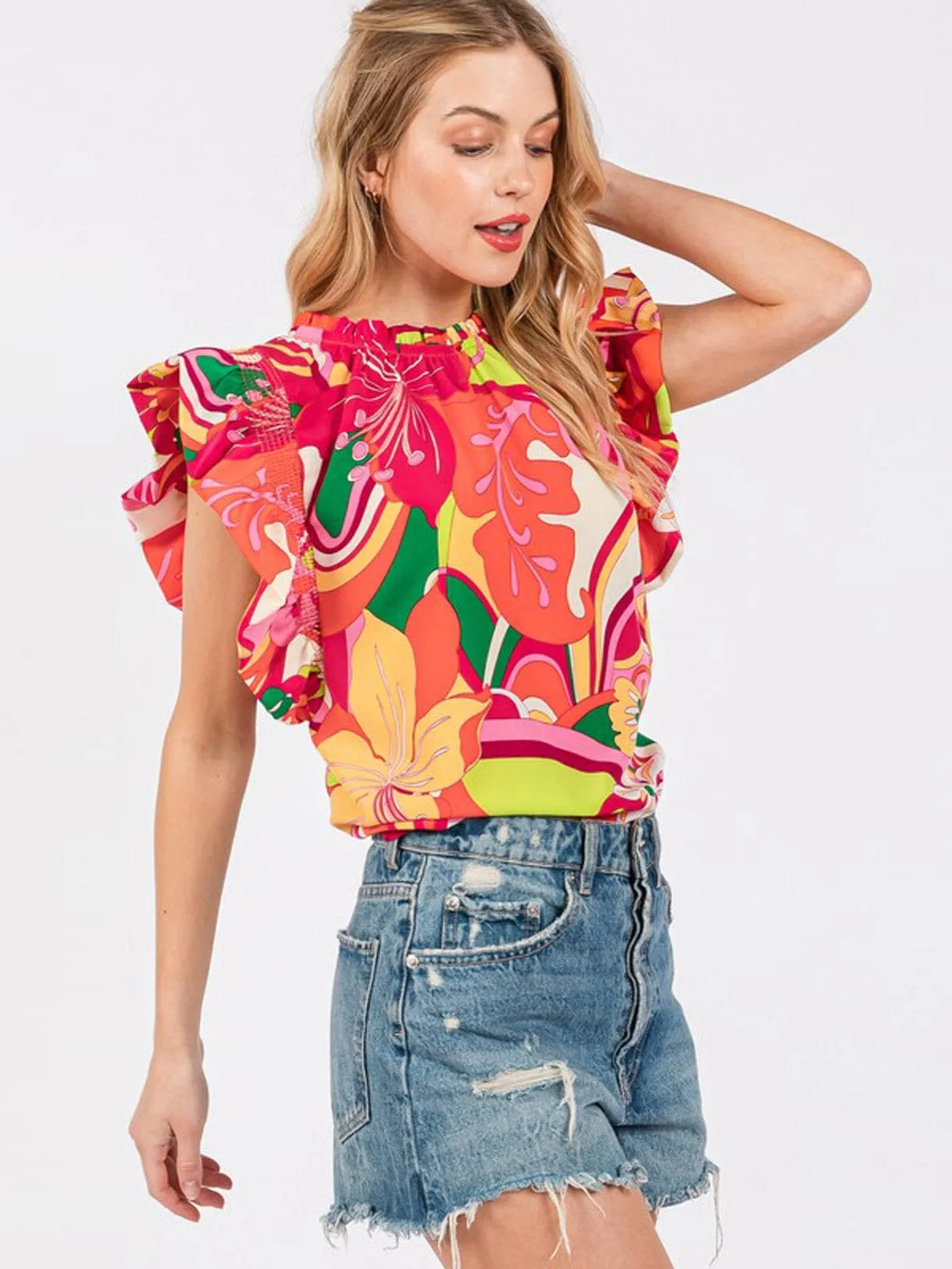 WOMEN'S SHORT RUFFLE SLEEVE FLORAL TUNIC BLOUSE TOP