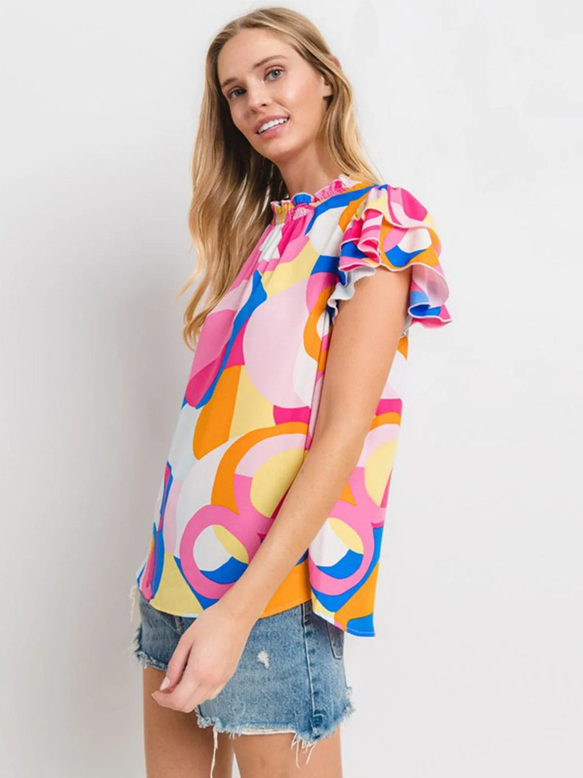 WOMEN'S SHORT RUFFLE SLEEVE MOCH NECK MULTI PRINT TUNIC BLOUSE