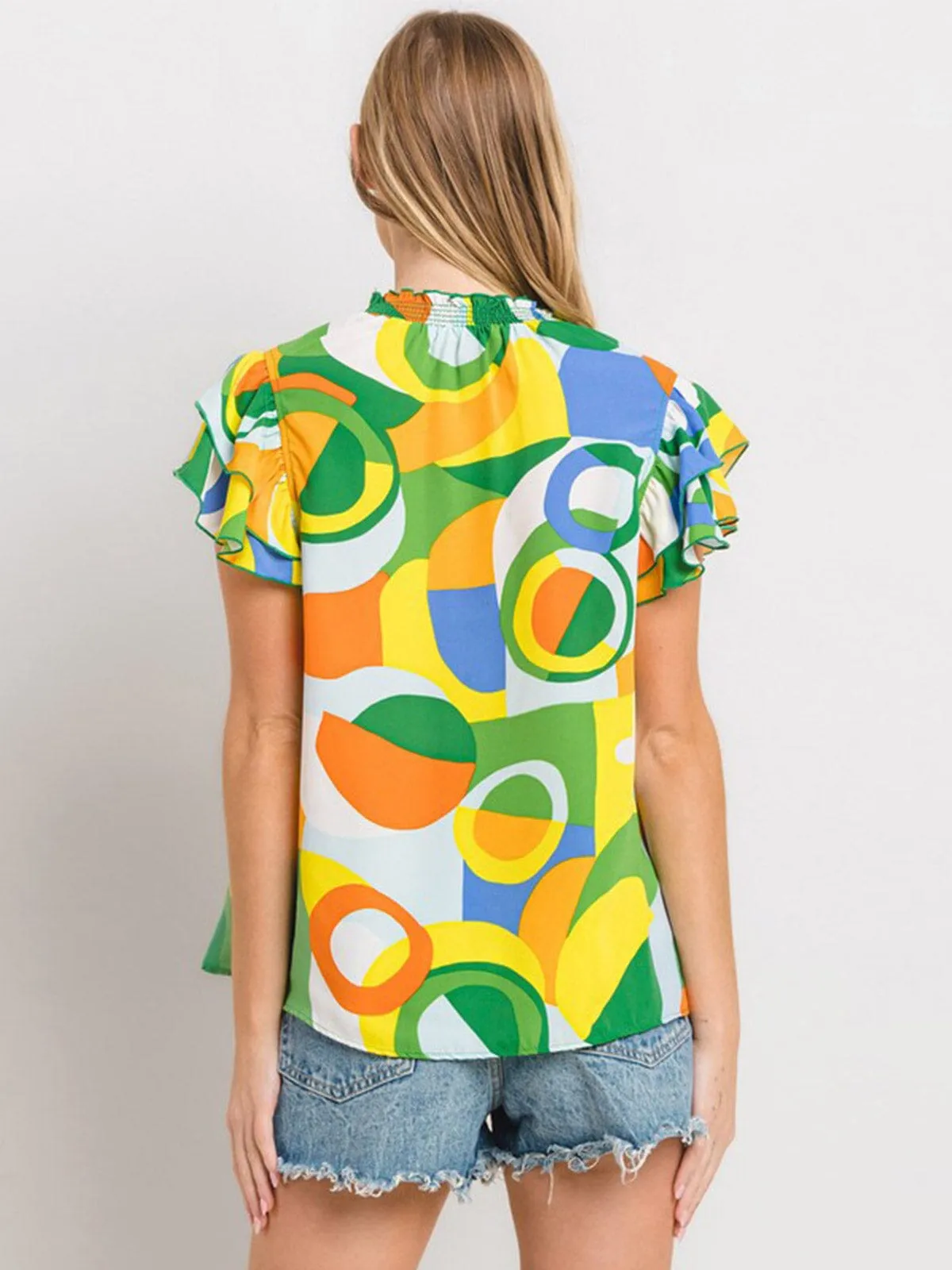 WOMEN'S SHORT RUFFLE SLEEVE MOCH NECK MULTI PRINT TUNIC BLOUSE
