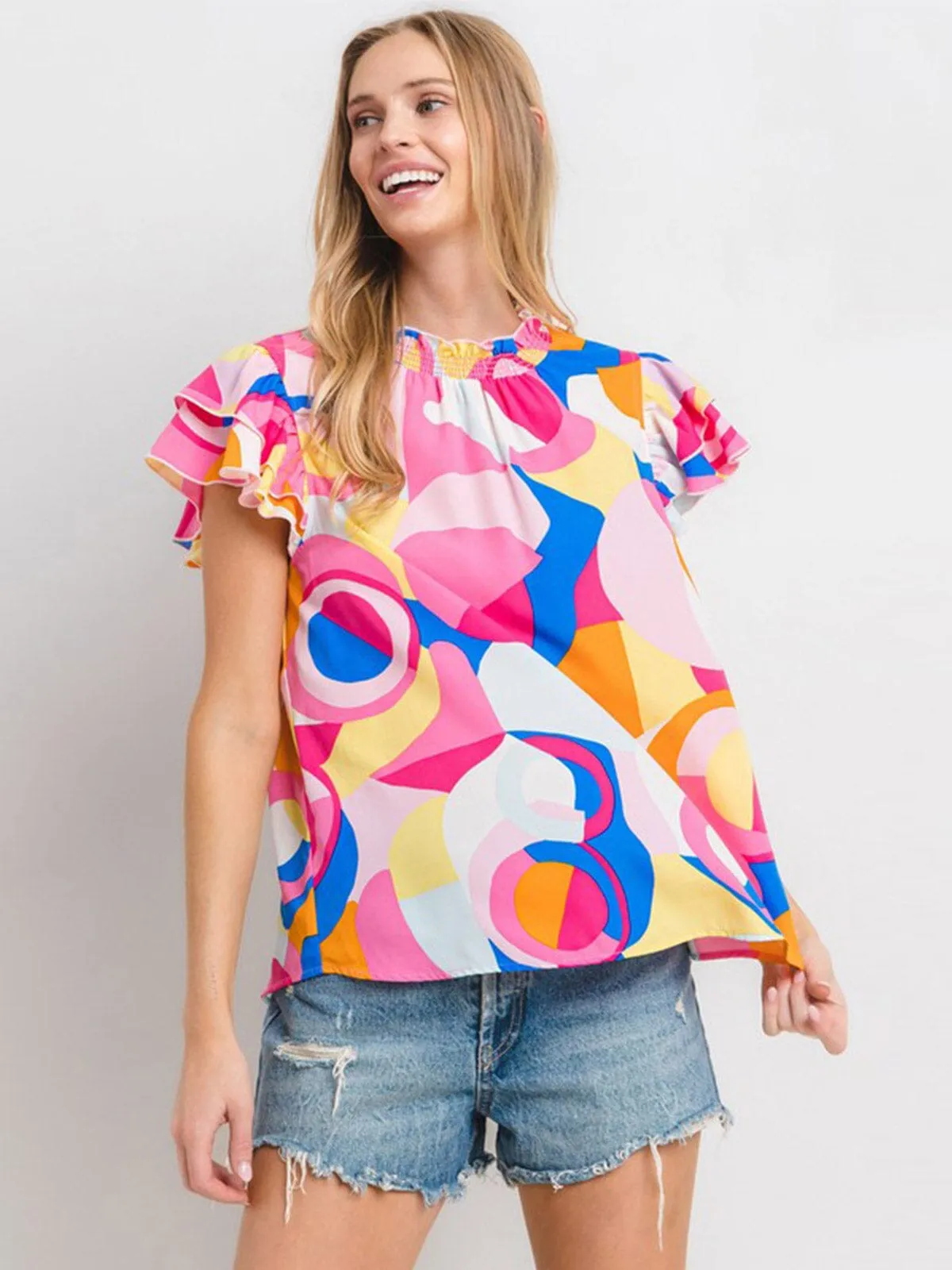 WOMEN'S SHORT RUFFLE SLEEVE MOCH NECK MULTI PRINT TUNIC BLOUSE