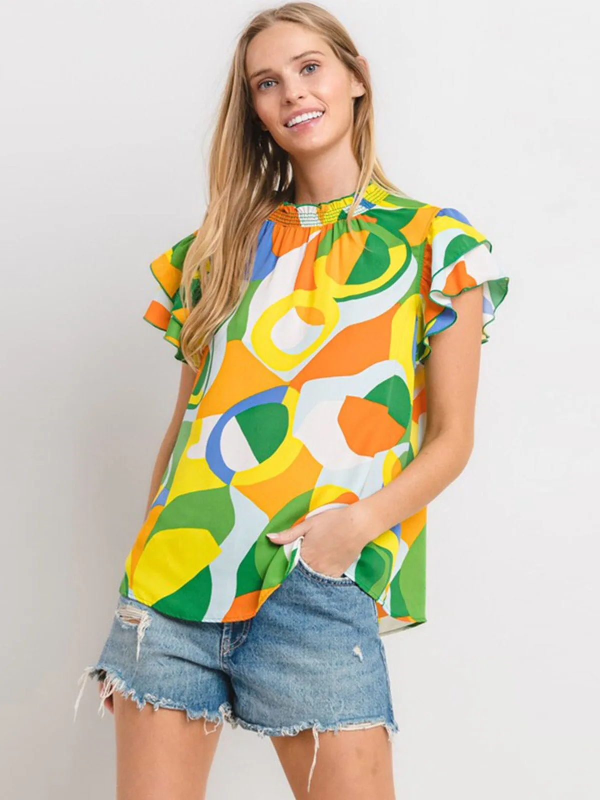 WOMEN'S SHORT RUFFLE SLEEVE MOCH NECK MULTI PRINT TUNIC BLOUSE