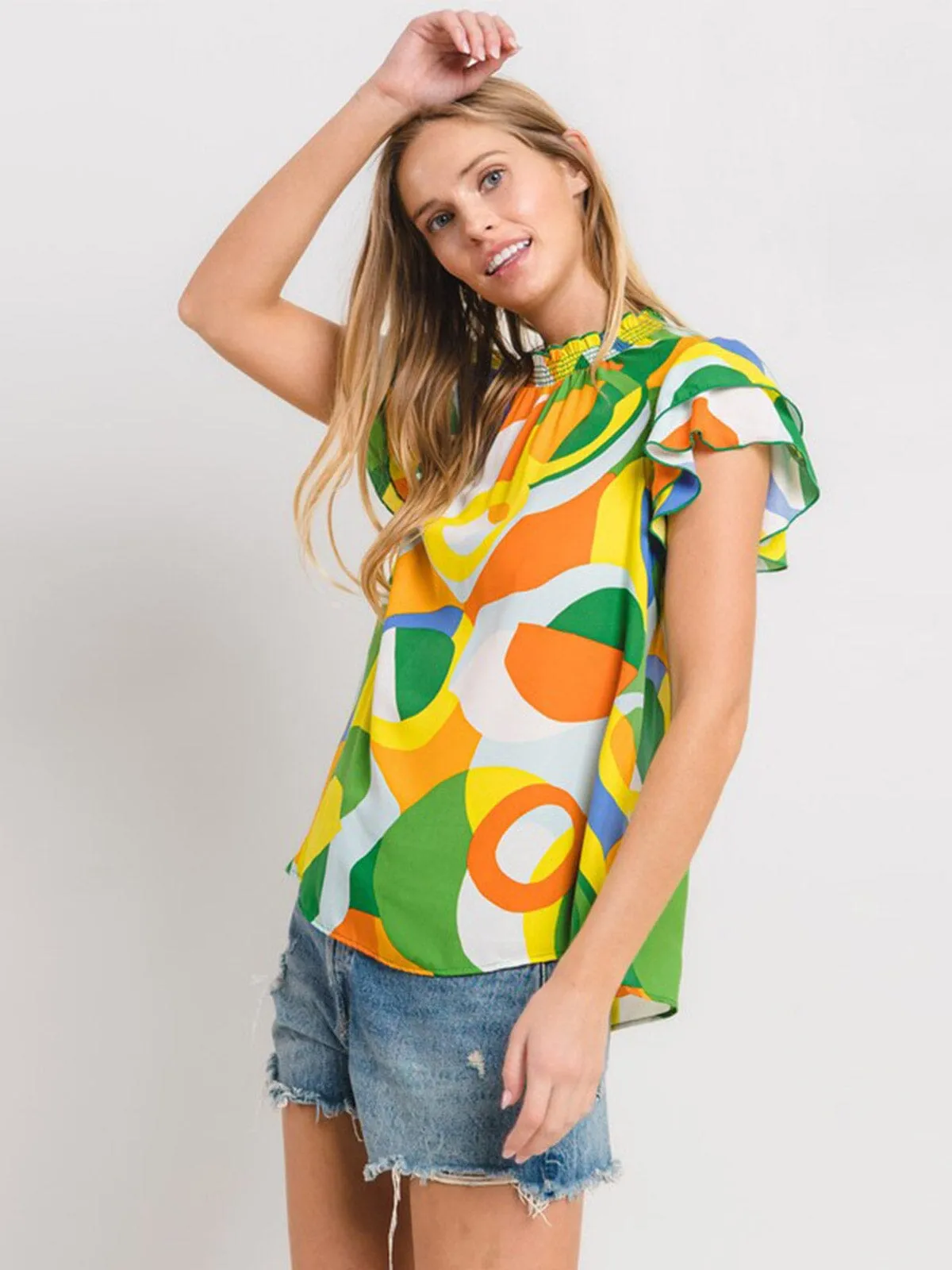 WOMEN'S SHORT RUFFLE SLEEVE MOCH NECK MULTI PRINT TUNIC BLOUSE