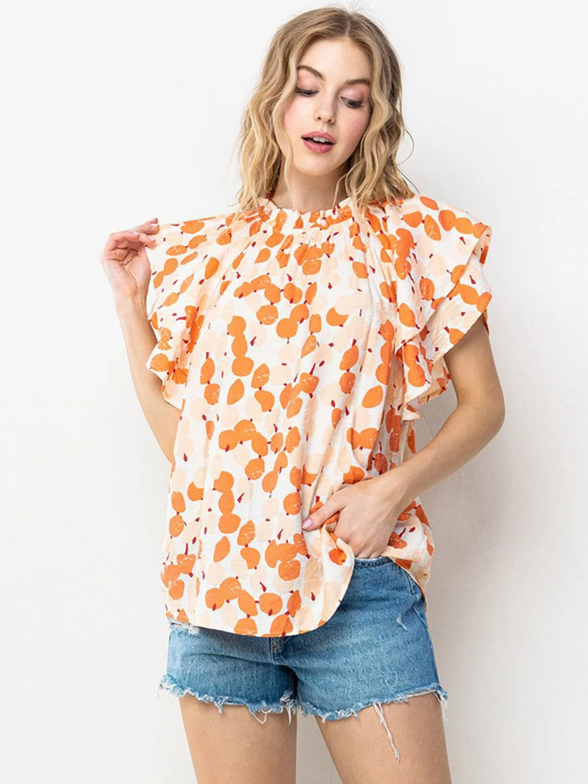 WOMEN'S SHORT RUFFLE SLEEVE MOCK NECK PRINTED BLOUSE TOP