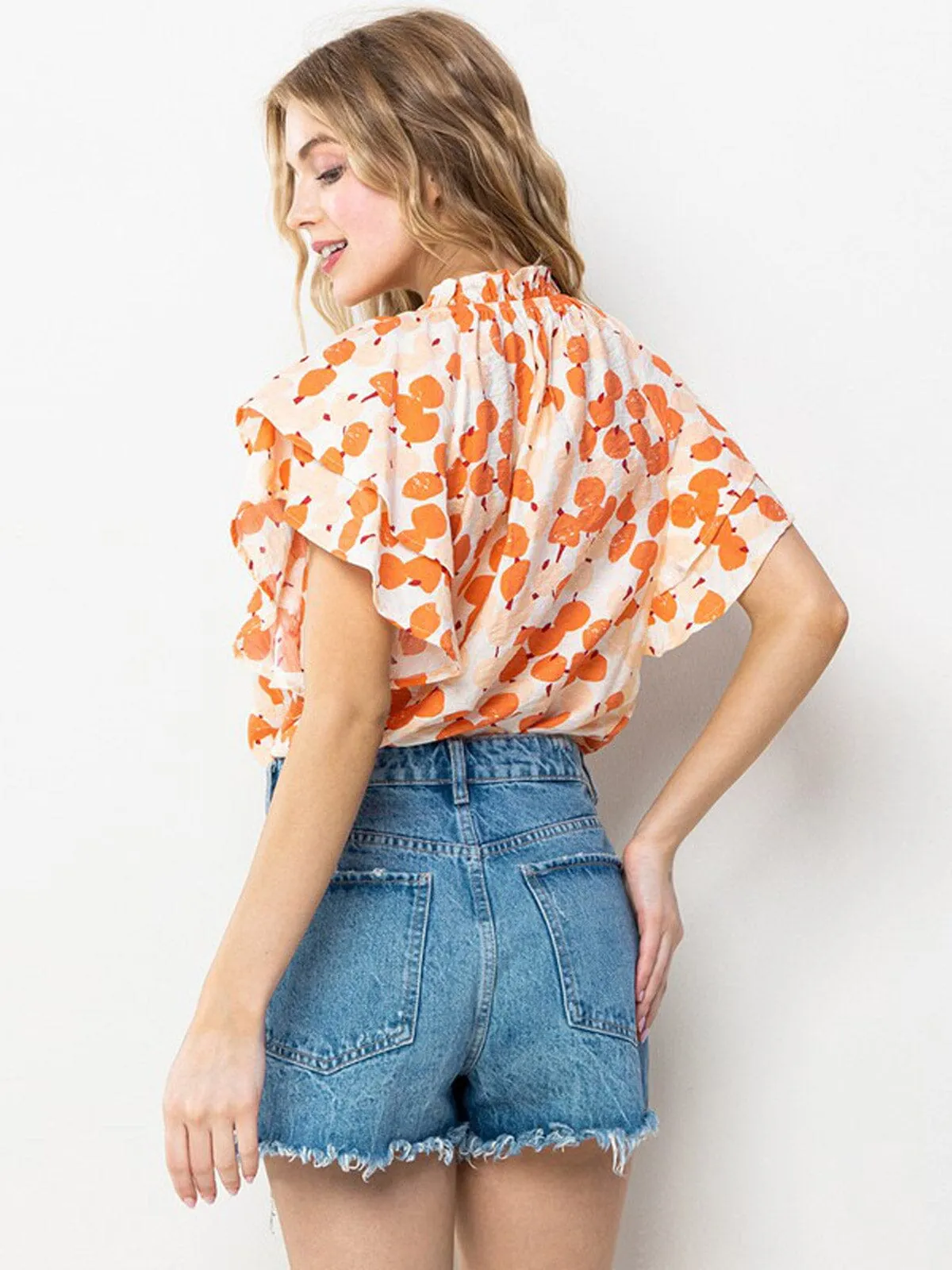 WOMEN'S SHORT RUFFLE SLEEVE MOCK NECK PRINTED BLOUSE TOP