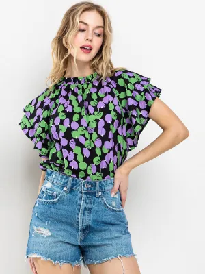 WOMEN'S SHORT RUFFLE SLEEVE MOCK NECK PRINTED BLOUSE TOP