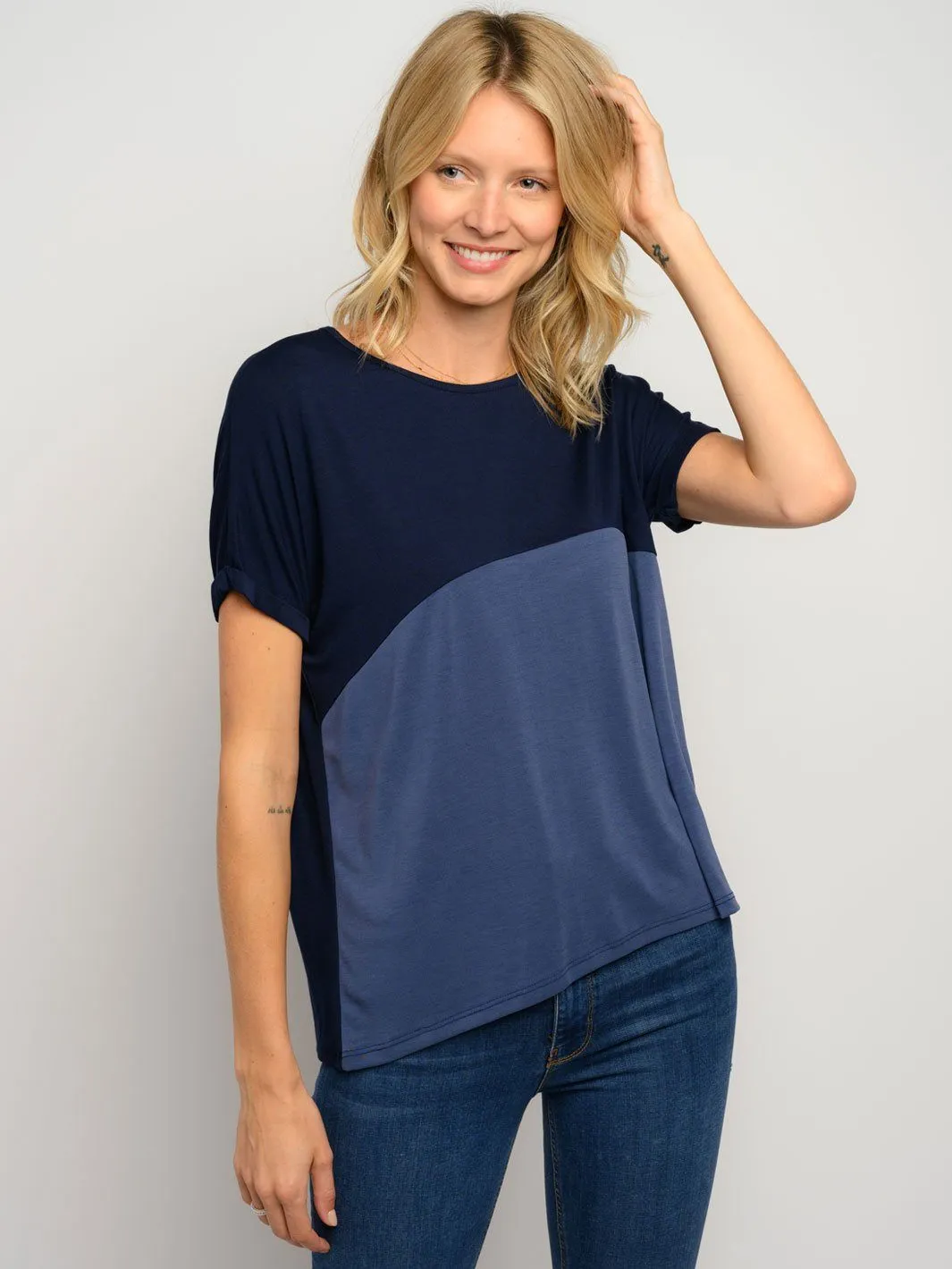WOMEN'S SHORT SLEEVE COLOR BLOCK TUNIC TOP