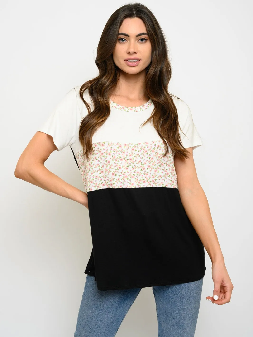 WOMEN'S SHORT SLEEVE FLORAL PRINT COLOR BLOCK TOP