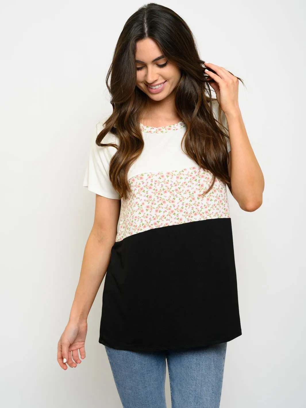 WOMEN'S SHORT SLEEVE FLORAL PRINT COLOR BLOCK TOP