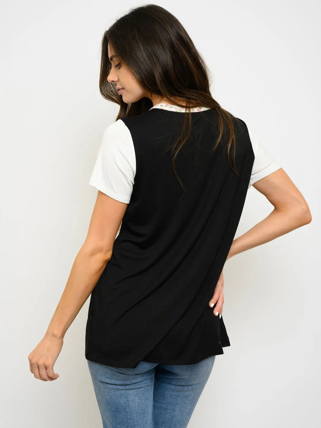WOMEN'S SHORT SLEEVE FLORAL PRINT COLOR BLOCK TOP