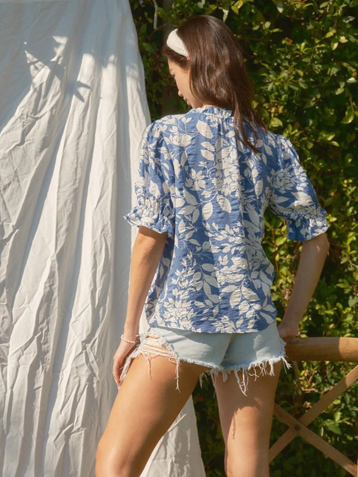 WOMEN'S SHORT SLEEVE MOCH NECK FLORAL PRINT TUNIC BLOUSE