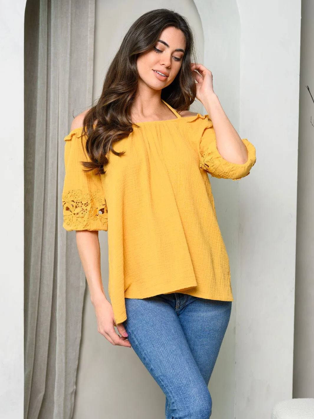 WOMEN'S SHORT SLEEVE NECK TIE TUNIC TOP