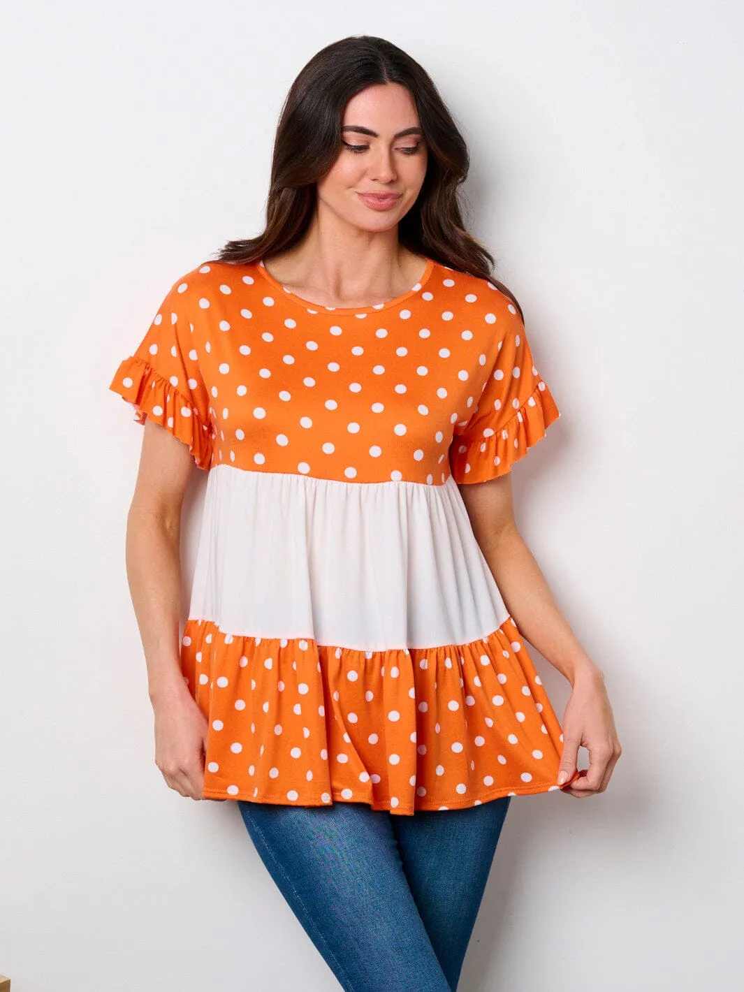 WOMEN'S SHORT SLEEVE POLKA DOT COLORBLOCK TUNIC TOP