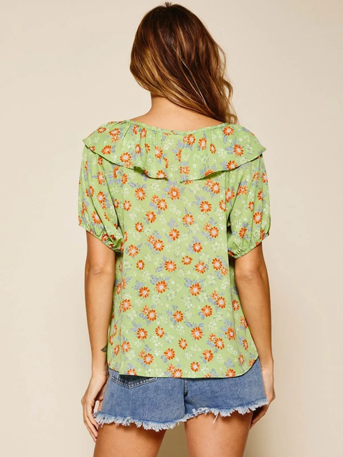 WOMEN'S SHORT SLEEVE RUFFLE NECK FLORAL TOP