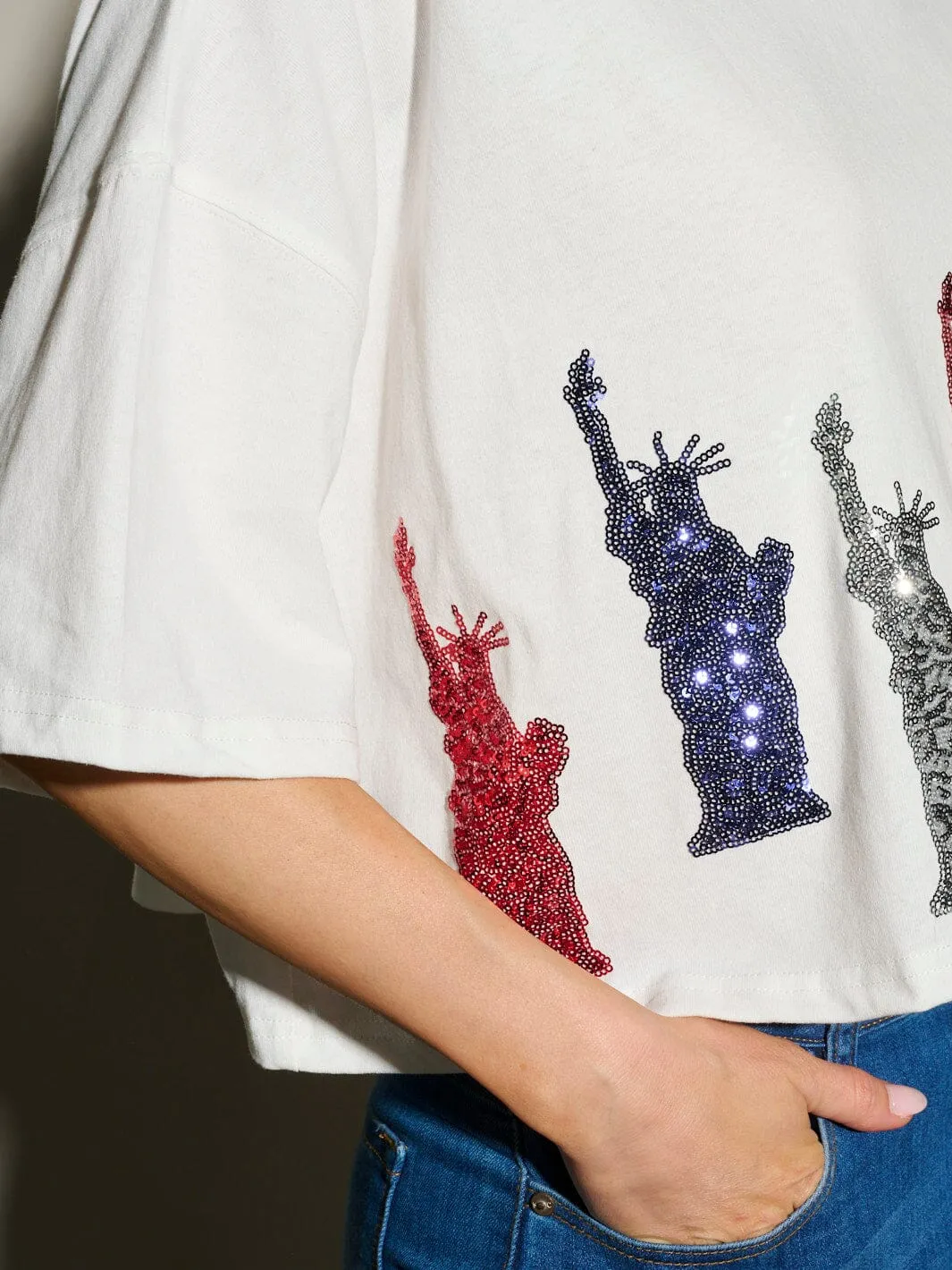 WOMEN'S SHORT SLEEVE SEQUINS LADY LIBERTY PATRIOTIC TUNIC BLOUSE TOP