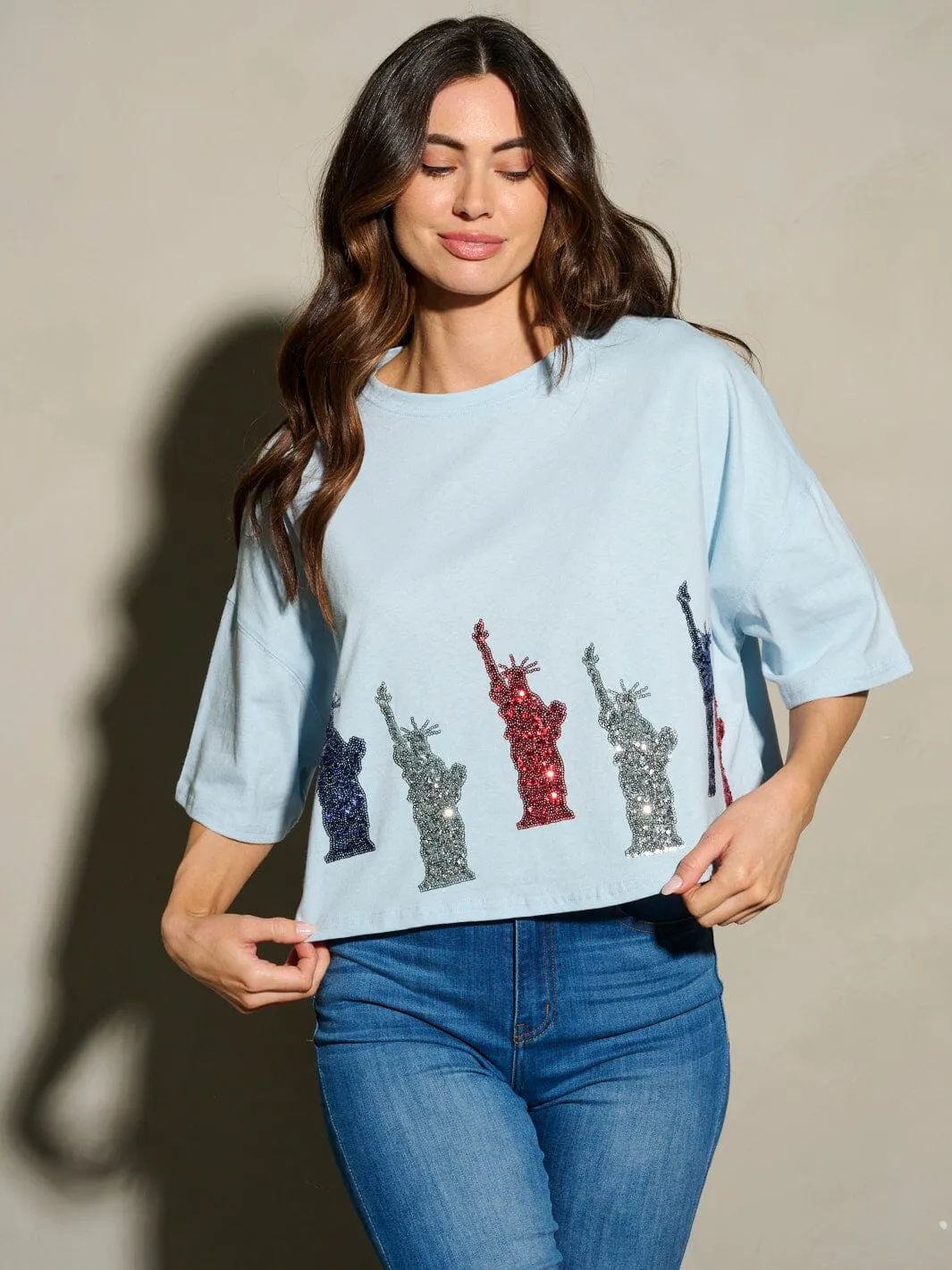 WOMEN'S SHORT SLEEVE SEQUINS LADY LIBERTY PATRIOTIC TUNIC BLOUSE TOP