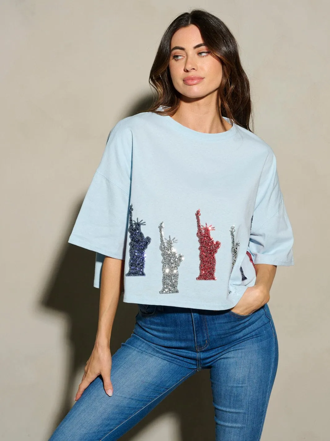 WOMEN'S SHORT SLEEVE SEQUINS LADY LIBERTY PATRIOTIC TUNIC BLOUSE TOP