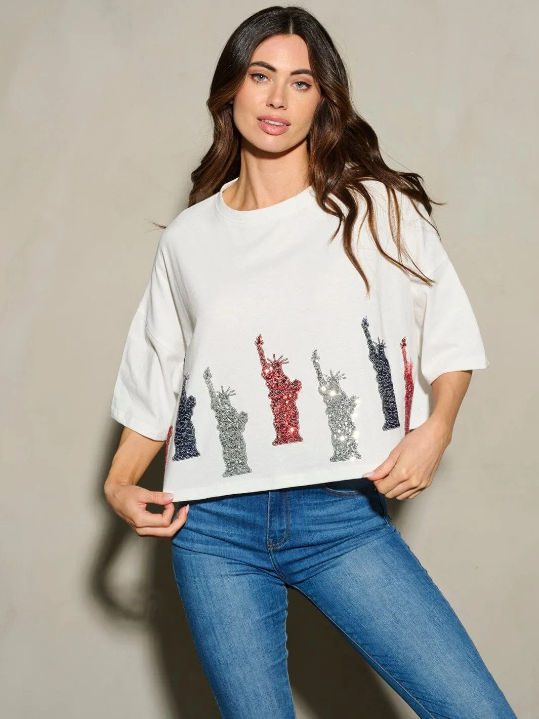 WOMEN'S SHORT SLEEVE SEQUINS LADY LIBERTY PATRIOTIC TUNIC BLOUSE TOP