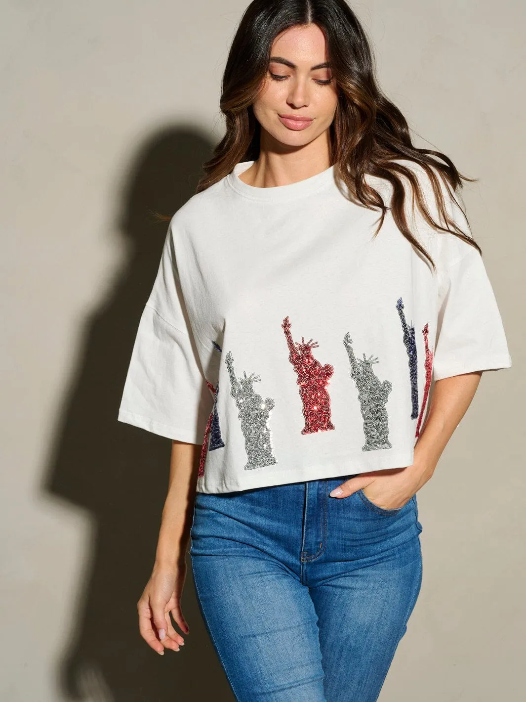 WOMEN'S SHORT SLEEVE SEQUINS LADY LIBERTY PATRIOTIC TUNIC BLOUSE TOP