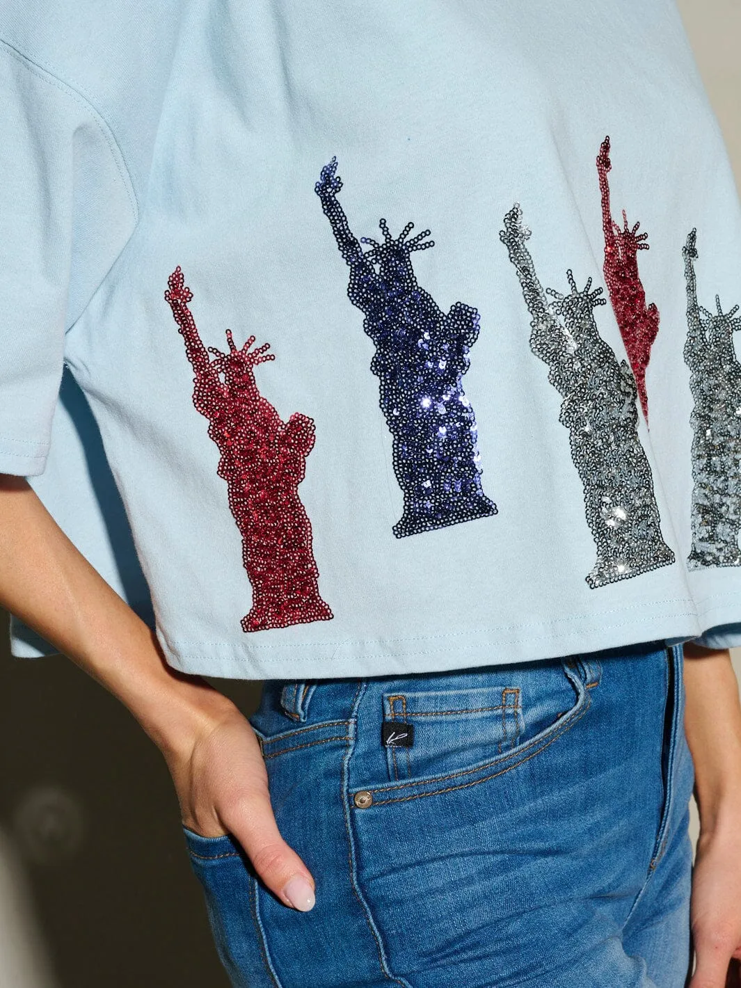 WOMEN'S SHORT SLEEVE SEQUINS LADY LIBERTY PATRIOTIC TUNIC BLOUSE TOP