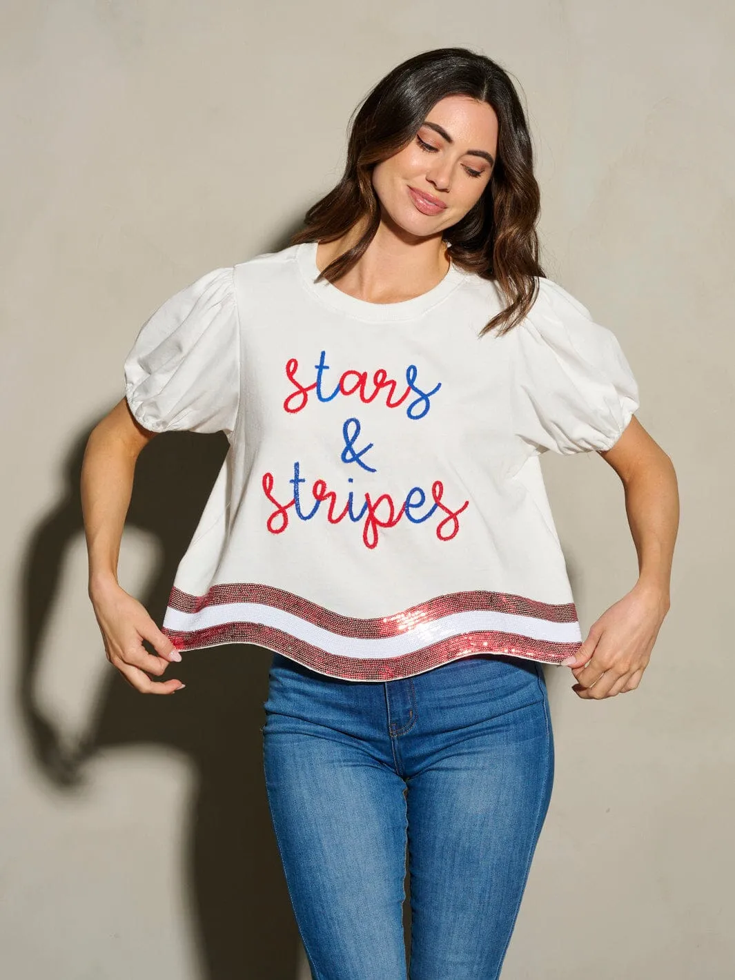 WOMEN'S SHORT SLEEVE SEQUINS STARS & STRIPES PATRIOTIC TUNIC BLOUSE TOP