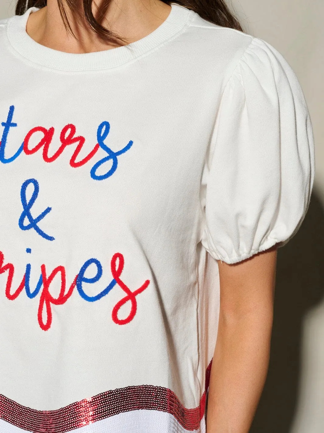 WOMEN'S SHORT SLEEVE SEQUINS STARS & STRIPES PATRIOTIC TUNIC BLOUSE TOP
