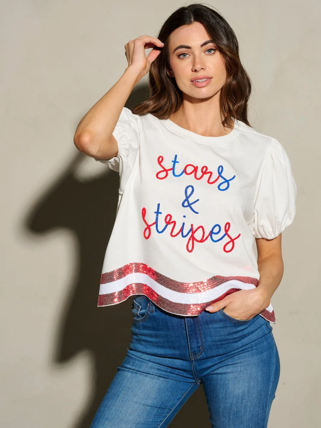WOMEN'S SHORT SLEEVE SEQUINS STARS & STRIPES PATRIOTIC TUNIC BLOUSE TOP