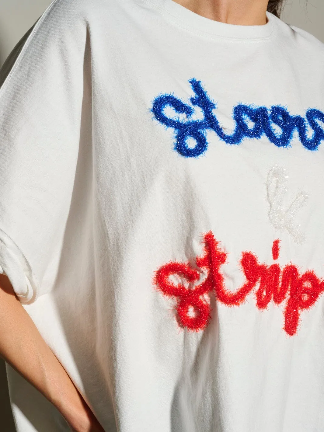 WOMEN'S SHORT SLEEVE SHIMMER STARS & STRIPES PATRIOTIC TUNIC BLOUSE TOP