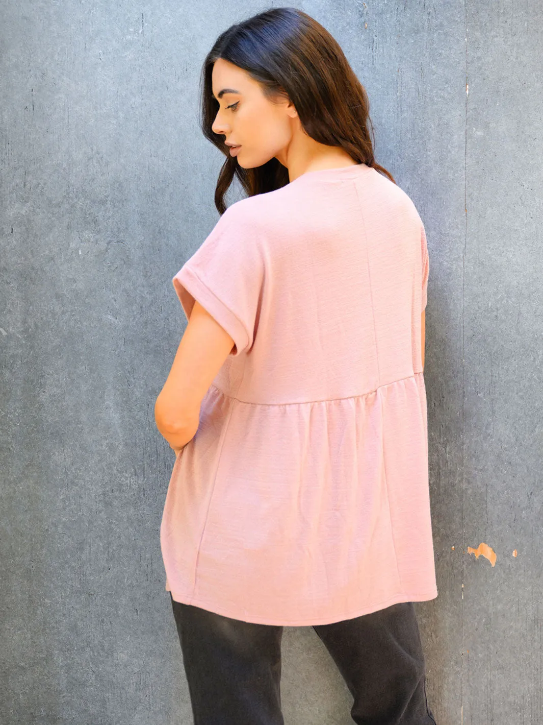 WOMEN'S SHORT SLEEVE SOLID BABYDOLL KNIT TOP
