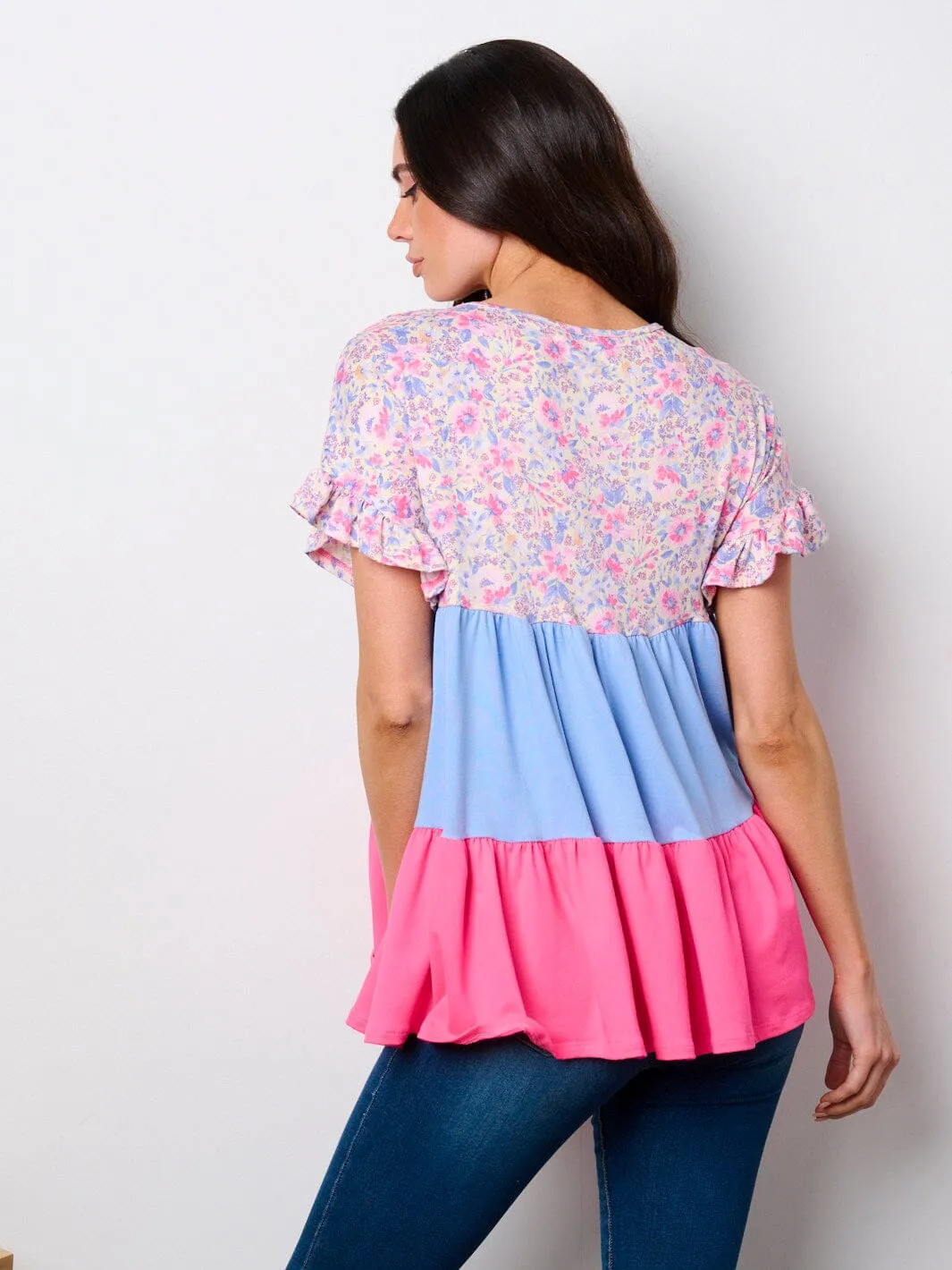 WOMEN'S SHORT SLEEVE TIERED COLORBLOCK TUNIC TOP