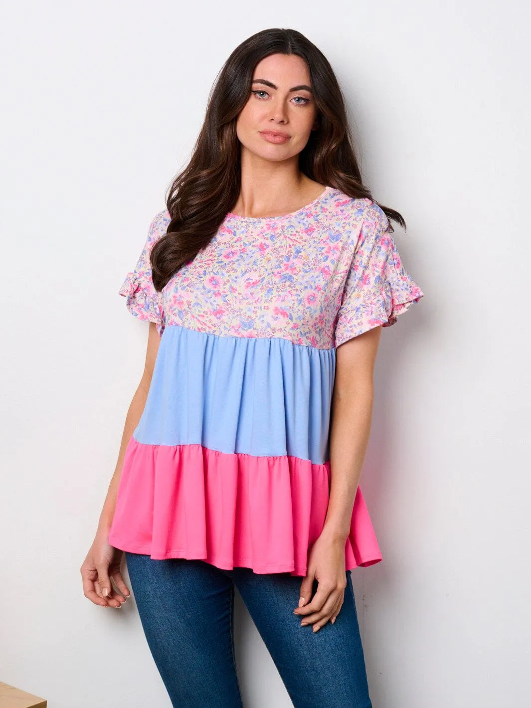 WOMEN'S SHORT SLEEVE TIERED COLORBLOCK TUNIC TOP