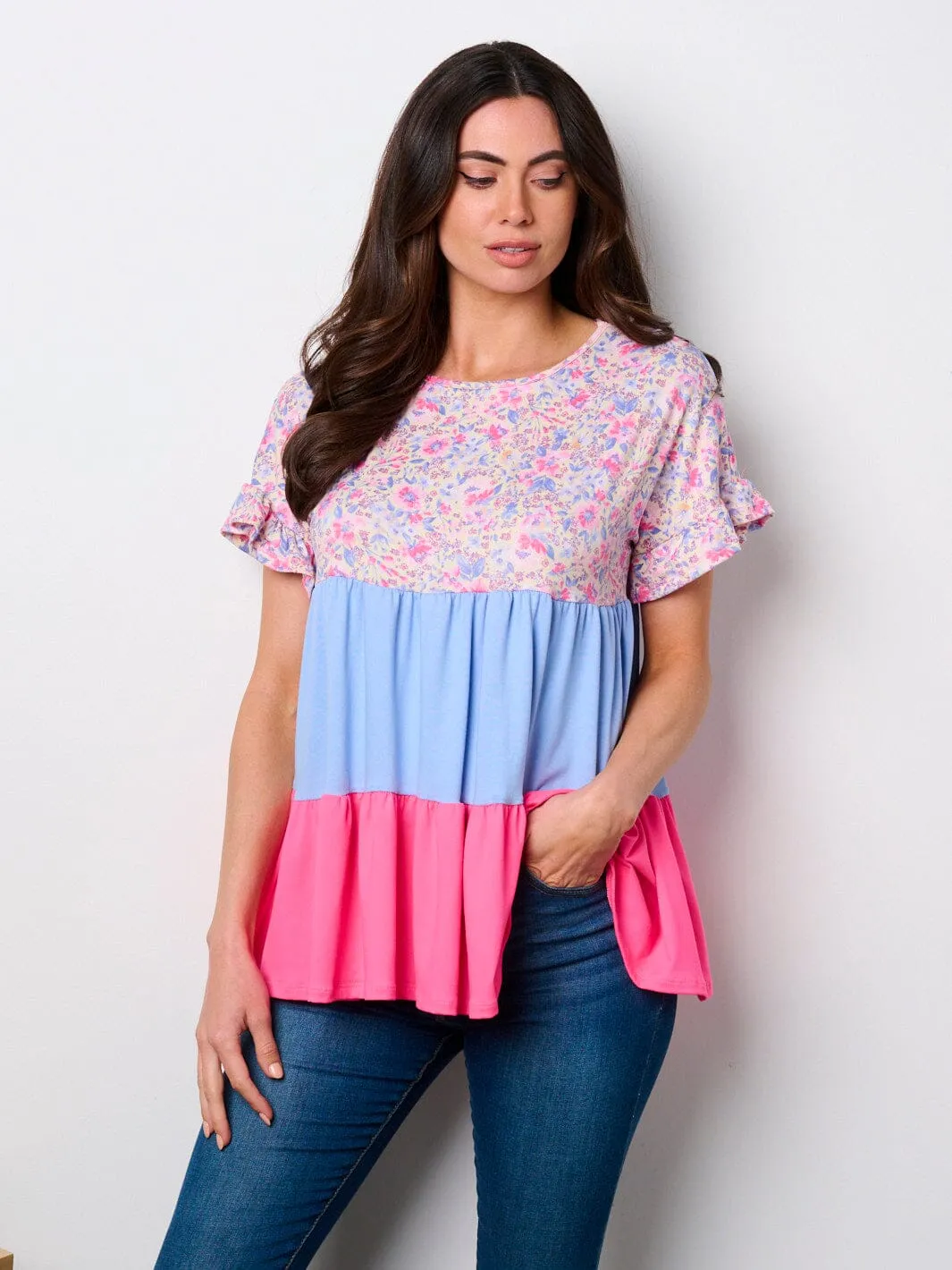 WOMEN'S SHORT SLEEVE TIERED COLORBLOCK TUNIC TOP