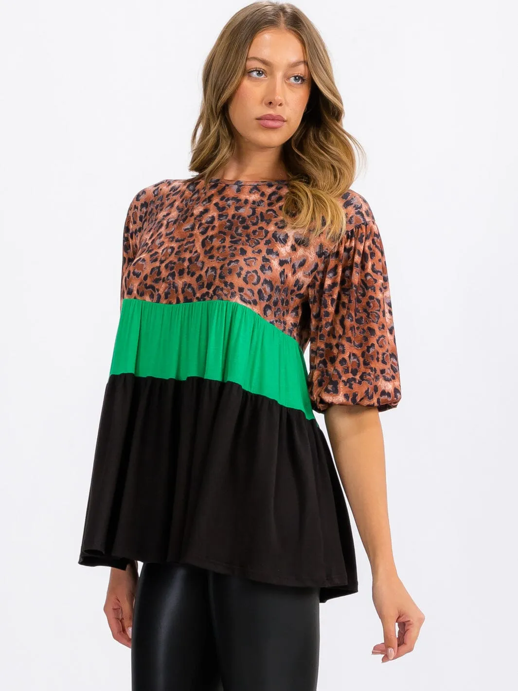 WOMEN'S SHORT SLEEVE TUNIC ANIMAL PRINT COLORBLOCK TOP
