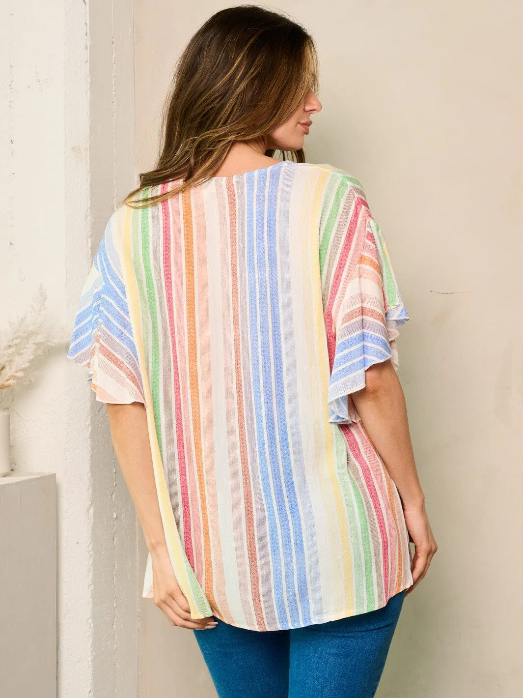 WOMEN'S SHORT SLEEVE TUNIC V-NECK MULTI COLOR TOP
