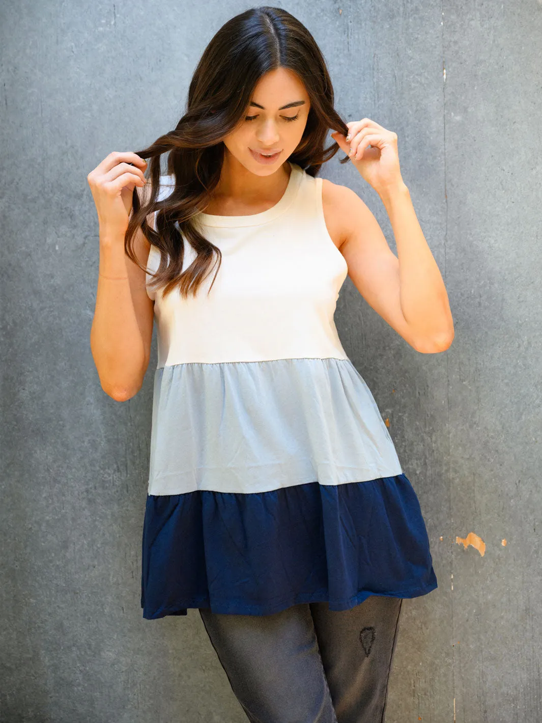 WOMEN'S SLEVELESS COLOR BLOCK TIERED RUFFLE KNIT TANK TOP