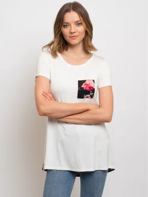 WOMEN'S TUNIC SHORT SLEEVE BUBBLE CREPE FLORAL BACK AND POCKET TOP