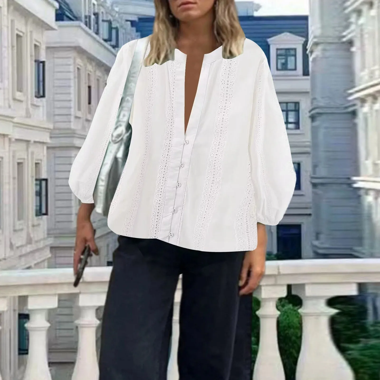 Women's White Tops Eyelets Hollow Out Puff Sleeve V Neck Chic Shirts Embroidered Fashion Female Oversized Summer Blouse Women