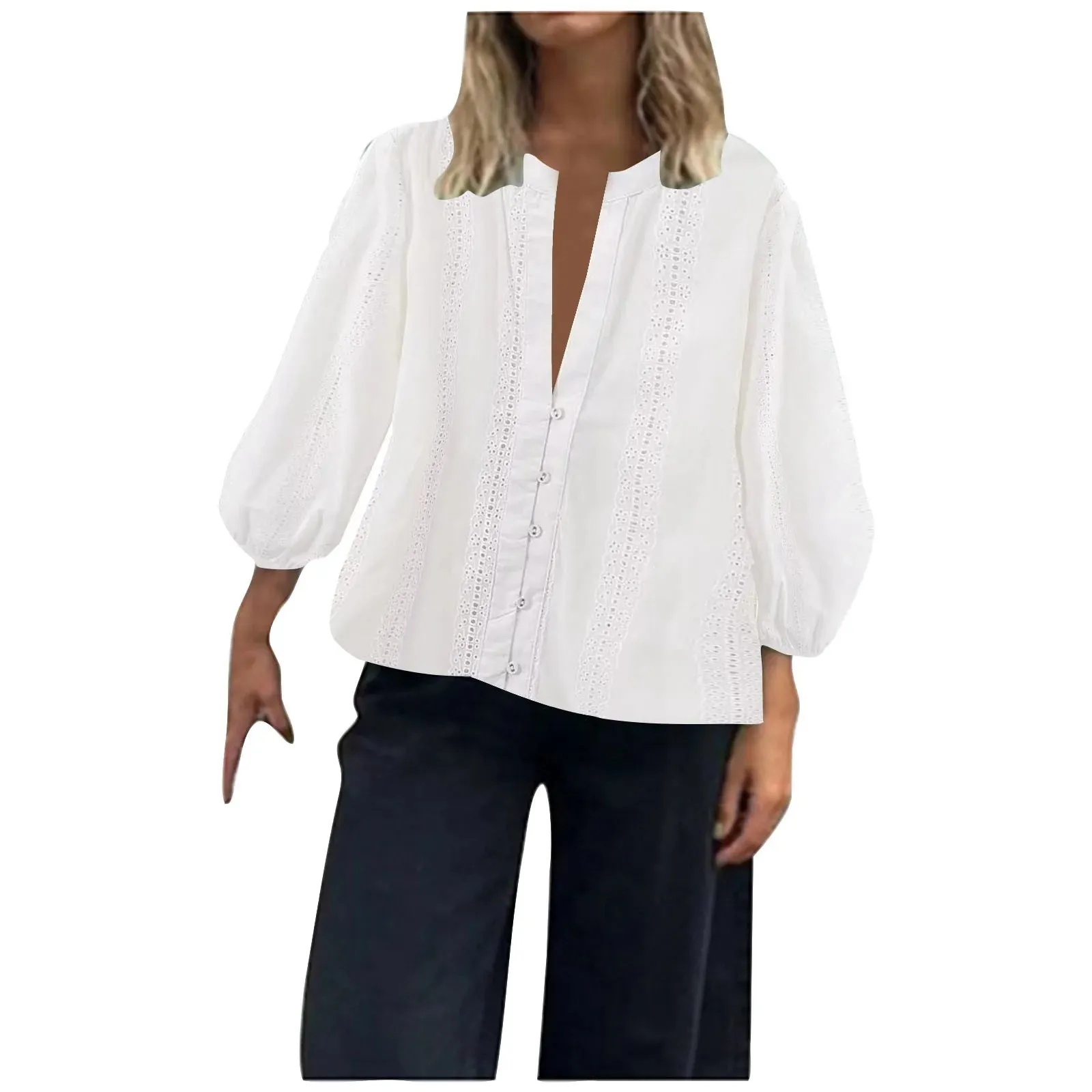 Women's White Tops Eyelets Hollow Out Puff Sleeve V Neck Chic Shirts Embroidered Fashion Female Oversized Summer Blouse Women