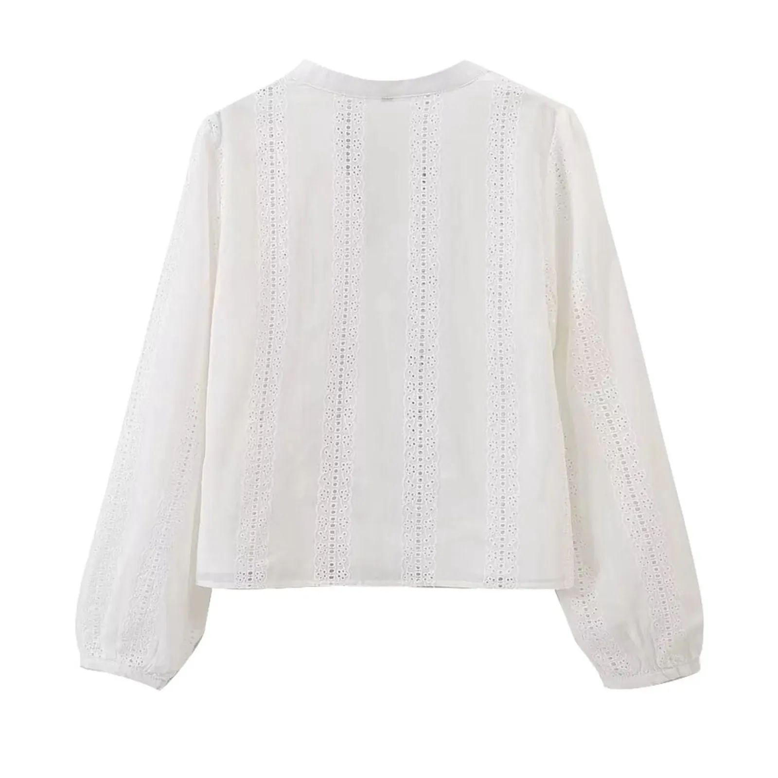 Women's White Tops Eyelets Hollow Out Puff Sleeve V Neck Chic Shirts Embroidered Fashion Female Oversized Summer Blouse Women