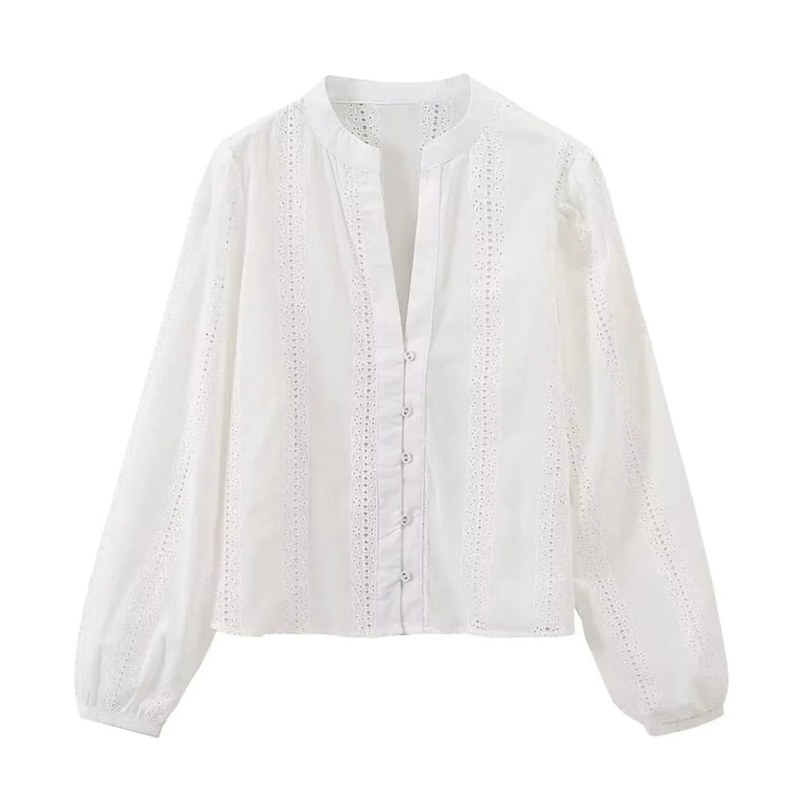 Women's White Tops Eyelets Hollow Out Puff Sleeve V Neck Chic Shirts Embroidered Fashion Female Oversized Summer Blouse Women