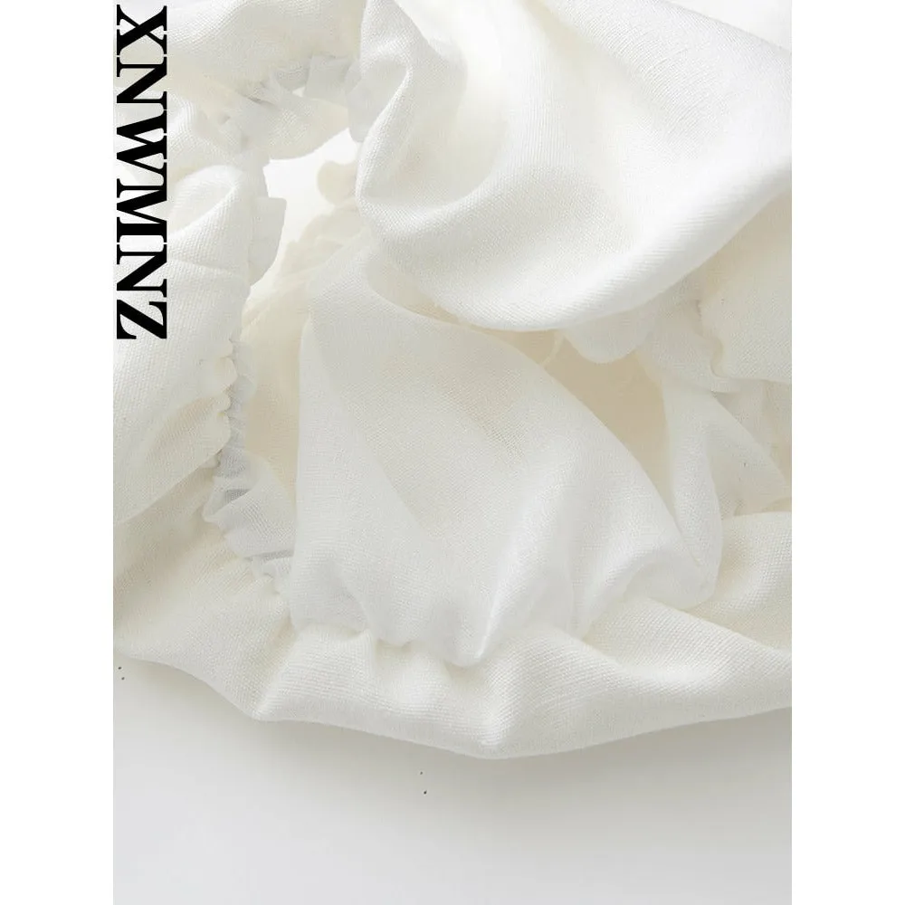 XNWMNZ women white fashion linen blend dress female square neck short puff sleeves backless crossover straps dress for women&#39;s