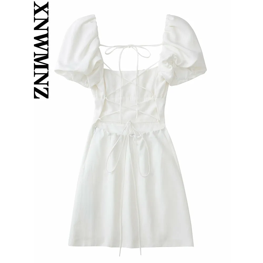 XNWMNZ women white fashion linen blend dress female square neck short puff sleeves backless crossover straps dress for women&#39;s