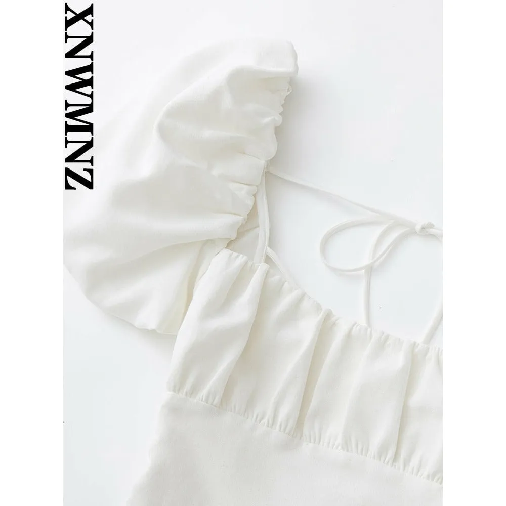 XNWMNZ women white fashion linen blend dress female square neck short puff sleeves backless crossover straps dress for women&#39;s