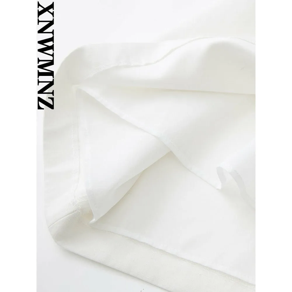 XNWMNZ women white fashion linen blend dress female square neck short puff sleeves backless crossover straps dress for women&#39;s