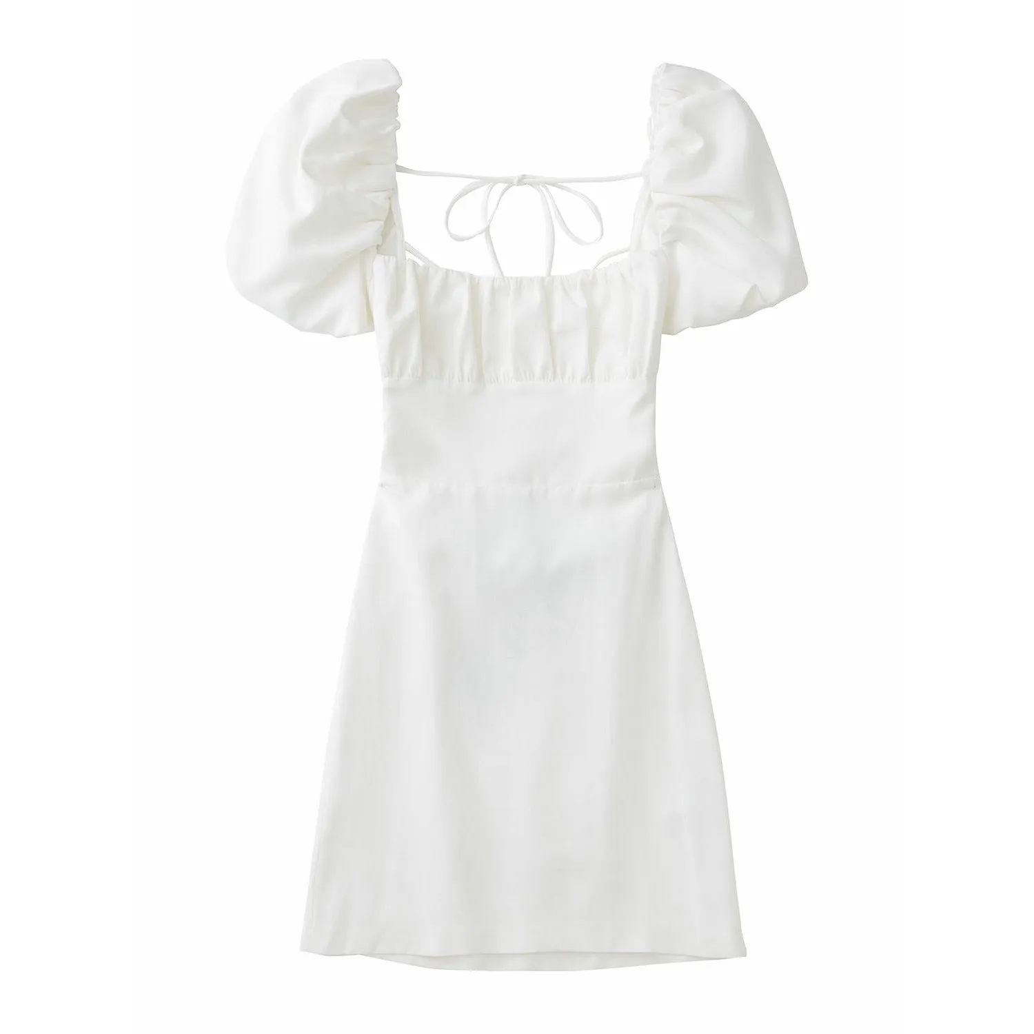 XNWMNZ women white fashion linen blend dress female square neck short puff sleeves backless crossover straps dress for women&#39;s